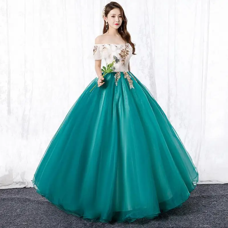 Customized Lace Tulle Ball Gown Fashion Off The Shoulder Green Quinceanera Dresses Flowers Floor-length Vestido De Debutante