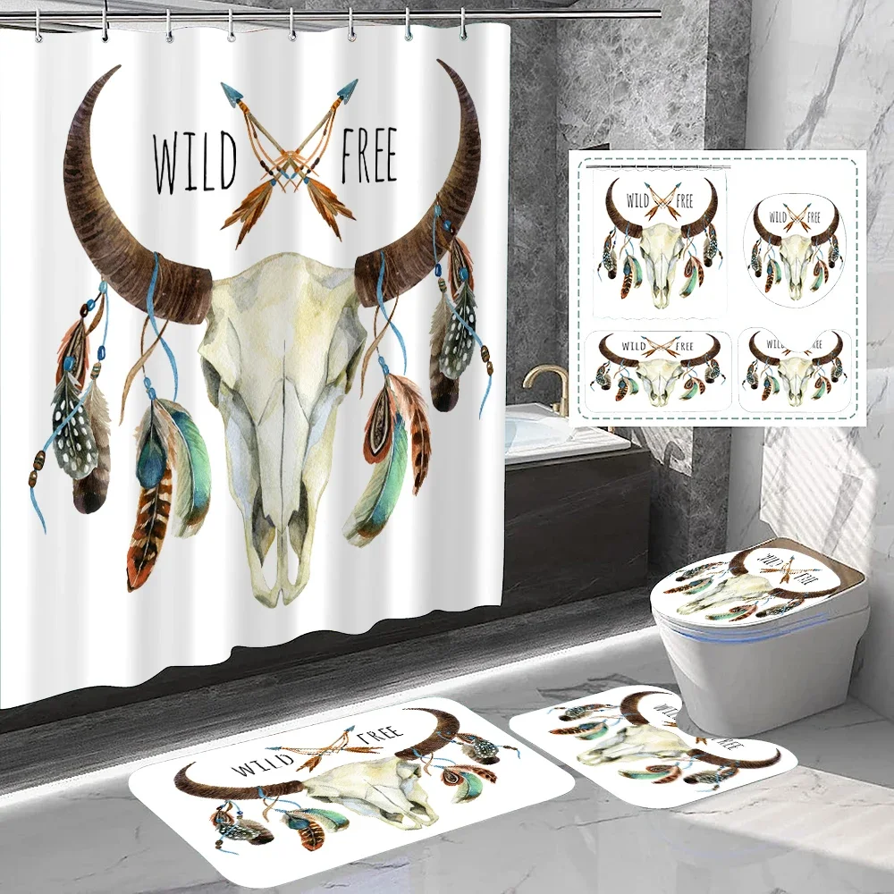 

1 set of feather sheep head free style printed shower curtains, summer style, with 12 hooks and bathroom floor mats