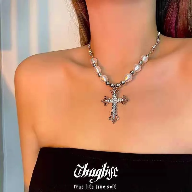 Y2K Pearl Cross Pendant Necklace Women Punk Retro Women Religious Zircon Chain Necklaces Girls Hip Hop Party Trendy Jewelry Gift