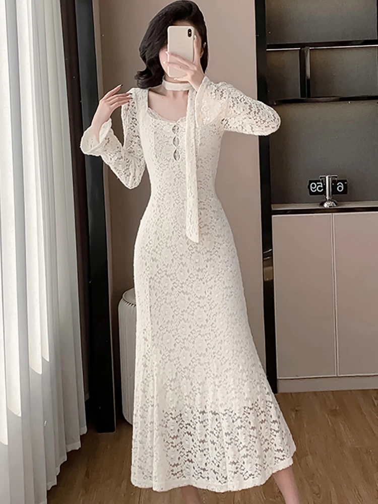 

2025 New White Lace Hook Flower Hollow Out Long Dress Women Elegant Luxury Dress with Long Sleeve Autumn Korean Bodycon Vestidos