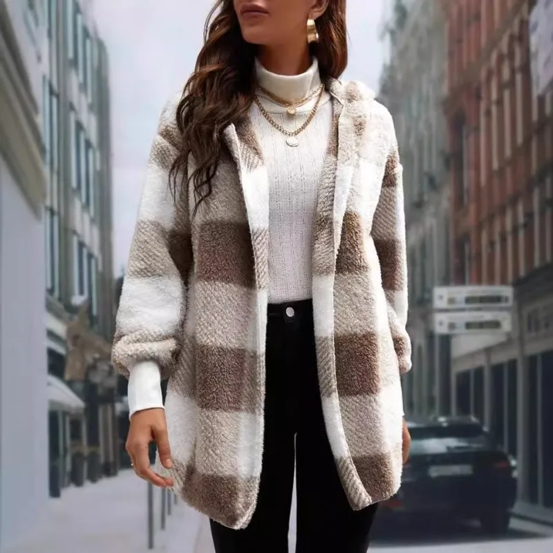 

2025 New Women's Clothing Autumn and Winter Hooded Plaid Thermal Top Medium and Long Plush Cardigan Jacket