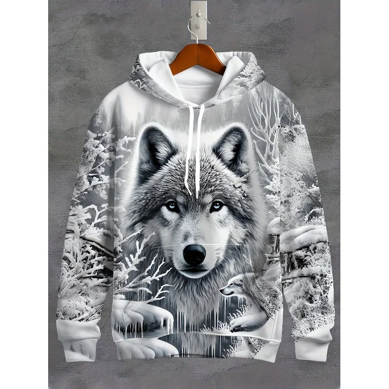 New Men's Wolf Winter Forest Hoodie Print Polyester Knit Pocket Pullover Regular Fit Plus Size Casual Men's Top for Men