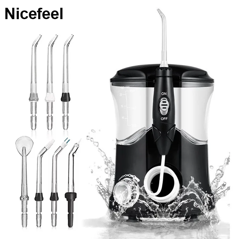 Nicefeel Black Eletric Oral Irrigator Water Pulse Flosser Dental Jet Teeth Cleaner Hydro Jet With 600ml Water Tank & 7Nozzles