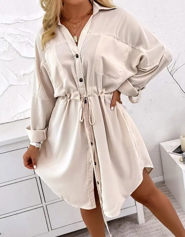 

Fashion Summer Dresses 2024 Roll Up Sleeve Buttoned Shirt Dress Elegant Dresses for Women Shipped Within 48 Hours