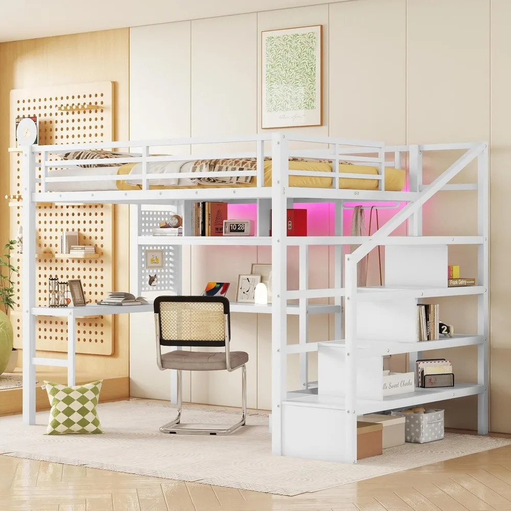 

Loft Bed Full Size with LED Light and Charging Station, Metal Loft Bed with Desk, Loft Beds with Wardrobe for Kids, Safety Guard