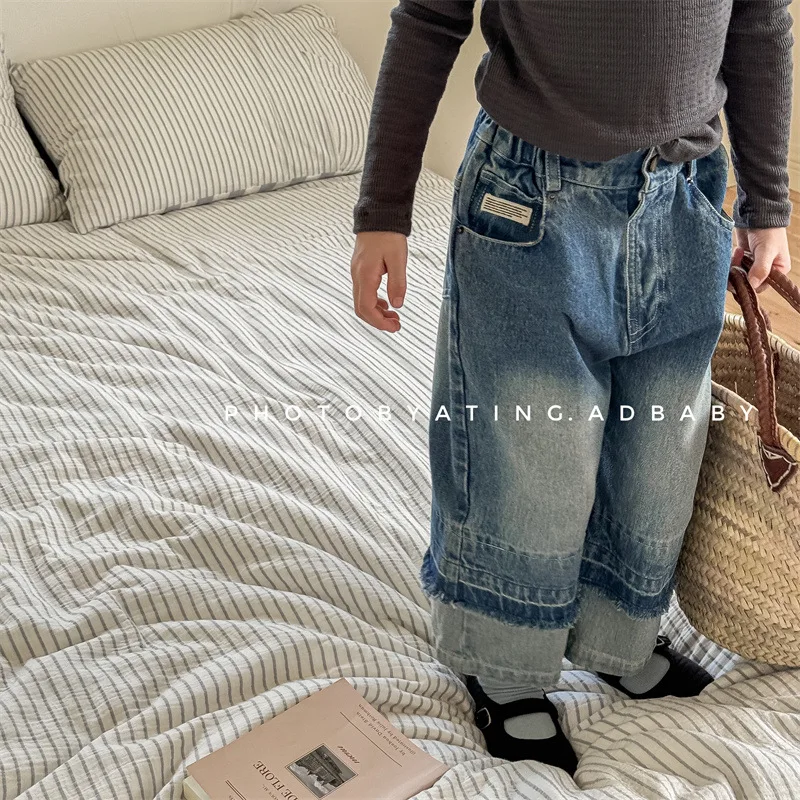 2025 Autumn New Children Denim Trousers Girls Loose Wide Leg Pants Boys Fashion Jeans Kids Clothes Toddler Casual Pants