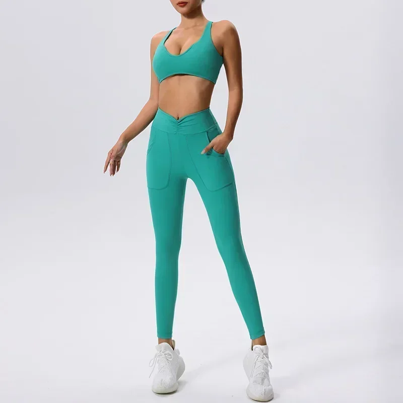 

Seamless Yoga Sets Sports Fitness High Waist Hip-lifting Shapeing Trousers Backless Bra Suit Running Gym Leggings Suit for Women