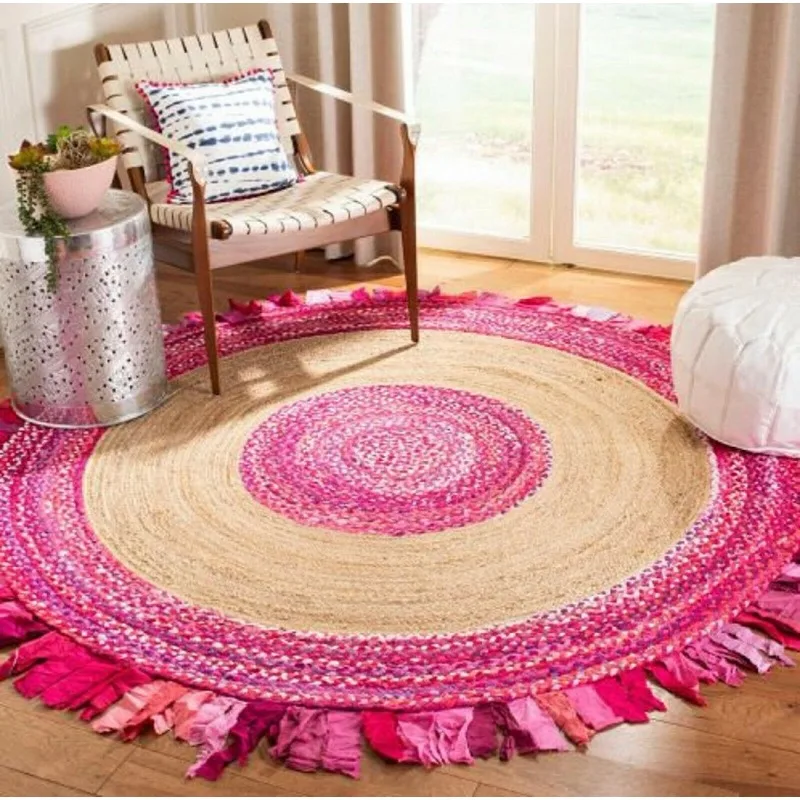 

Rug Jute & Cotton Handmade Reversible Area Rug Round Modern Rustic Look Rag Rug