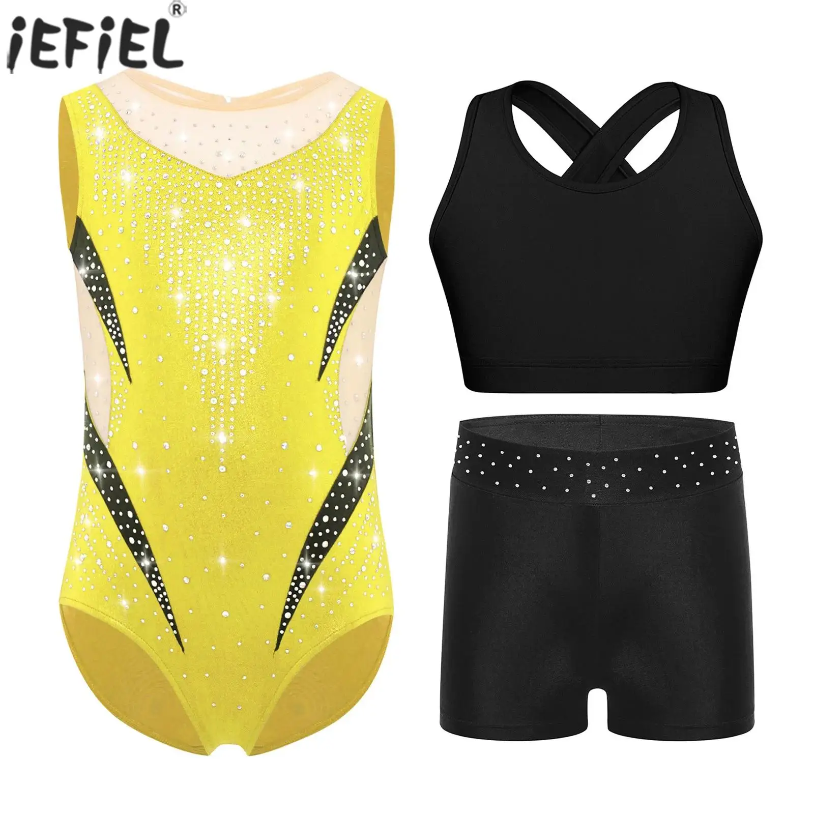 

Kids Girls Gymnastics Dance Figure Skating Outfit Sleeveless Sheer Mesh Sparkling Leotard with Vest And Shorts Performance Wear