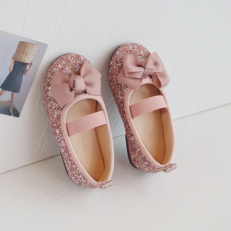 Bling Princess Shoes Fashion Spring Girls Shoes Flat Glitter Bowtie Children Flats Kids Shallow Shoes Baby Single Shoes Toddlers