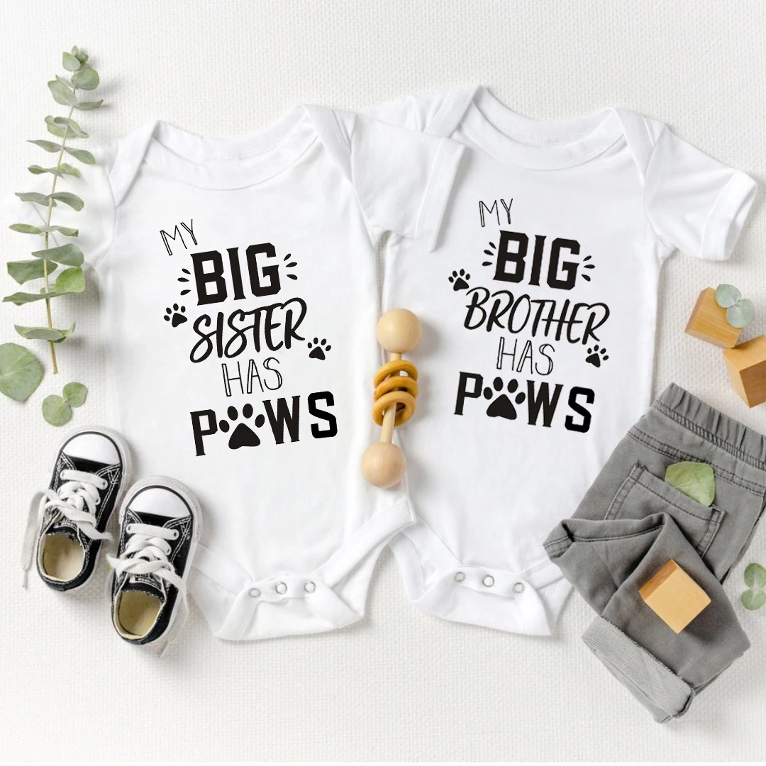 My Big Sister/Brother Has Paws Playsuit Outfits Infant Boys Girls Summer Rompers Costume Baby Girl Boy Clothes Baby Bodysuit