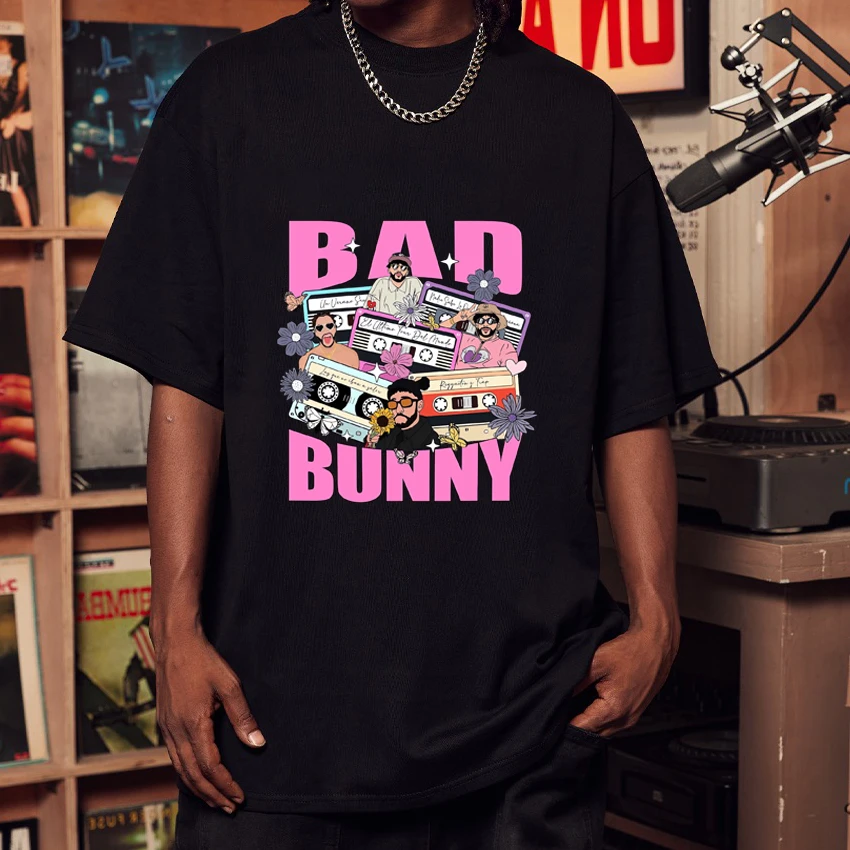 

Hot sale Bad Bunny music Graphics black T shirt Men Women Funny Oversized short sleeve t-shirts Unisex Summer 100% Cotton Tops