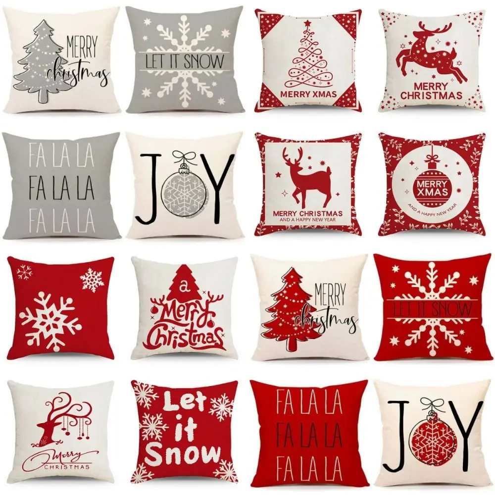 Set of 4 2024 New Christmas Pillow Covers Red White Square Cushion Case 18x18 Xmas Tree Snowflake Pattern Holiday Decor