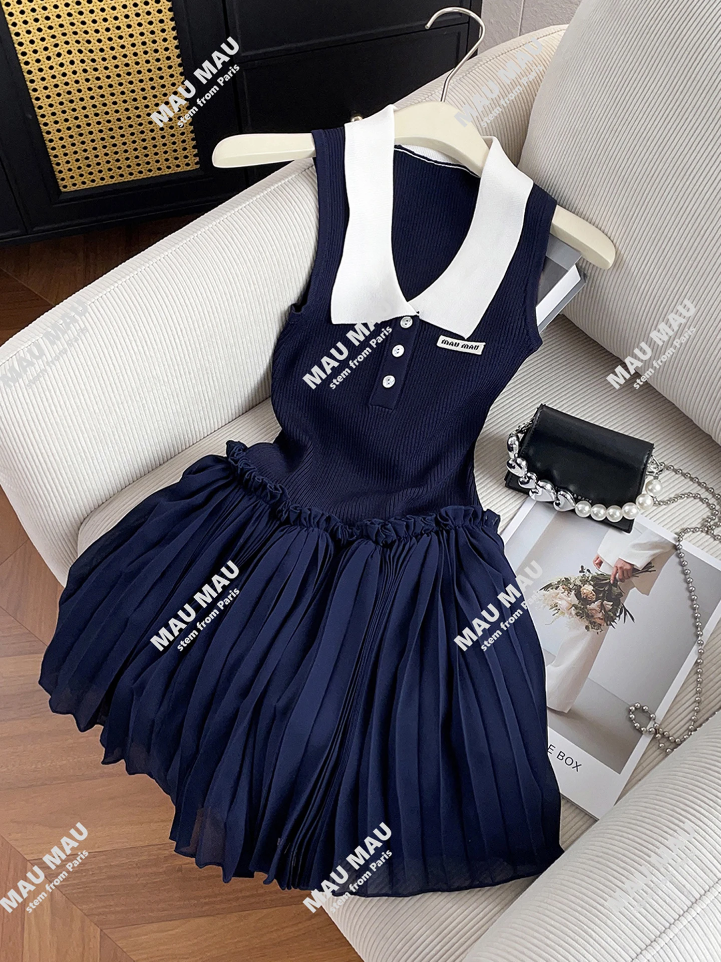 Hoge taille gebreid vest Dr Midi rok Sle Small Fraance Sle Autumn Faion Dames Dr Ele A-lijn silhouet