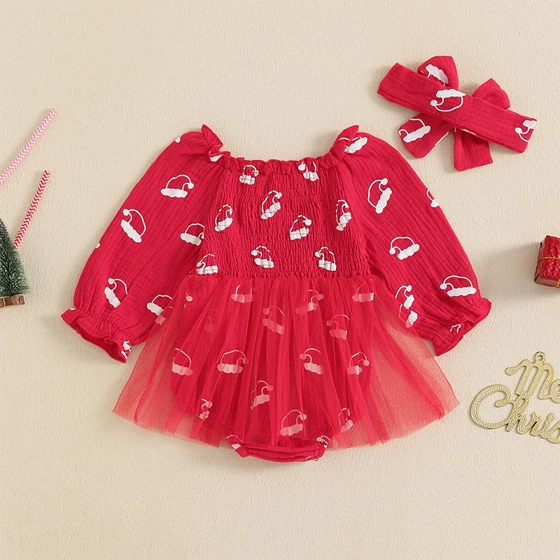 Baby Girls Rompers Dress Infant Christmas Santa Hat Print Mesh Skirt Hem Toddler Jumpsuit with Headband Newborn Clothes