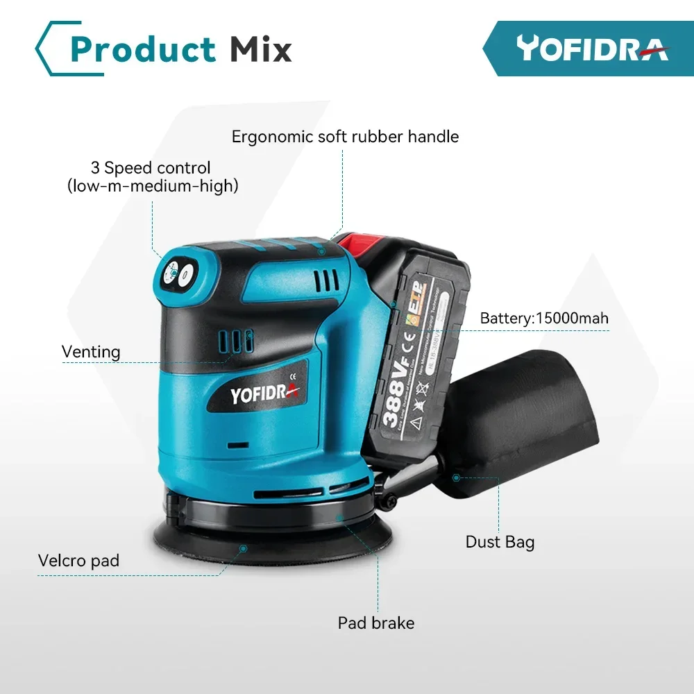 YOFIDRA 125mm Electric Orbital Sander 3 Speeds Adjustable Cordless Rechargeable Polishing Grinder Machine for Makita 18V Battery