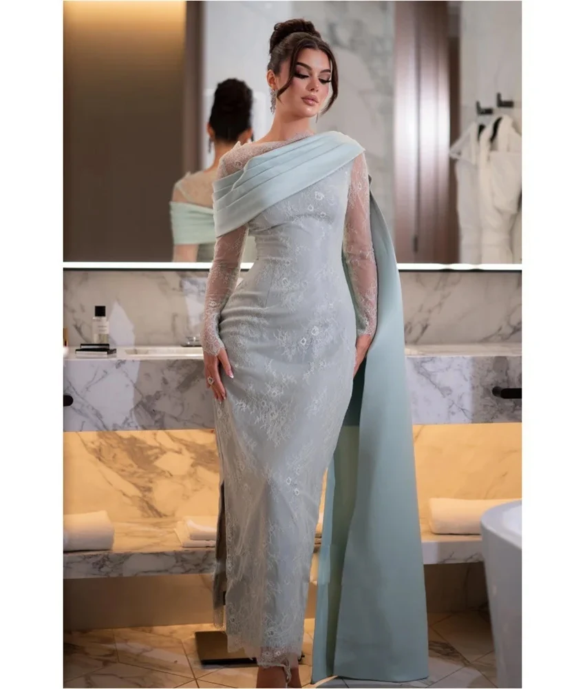 Customized Sexy Jersey Lace Evening Dress High Quality Long Sleeves O-neck Floor Length فساتين سهرات Custom Size