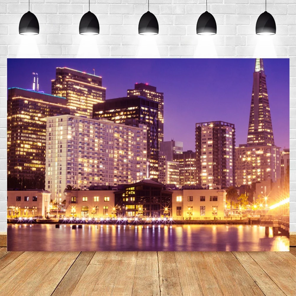 Modern City Night Lights Photography Background City Buildings Suburb Riverside Silhouette Light Night Scenic Photo Backdrop