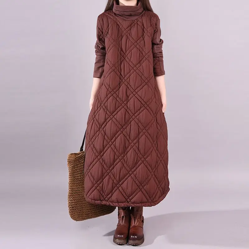 

2025 Retro Thick High Neck Dress for Women's Autumn and Winter Medium To Long Loose Hooded Cotton Jacket
