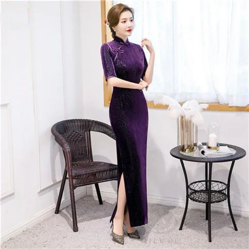 فستان زفاف على الطراز الصيني للنساء ، أحادي اللون ، ضيق ، مثير تشيباو فساتين طويلة منقسمة ، أزياء أنيقة ، ملابس متوسطة الأكمام