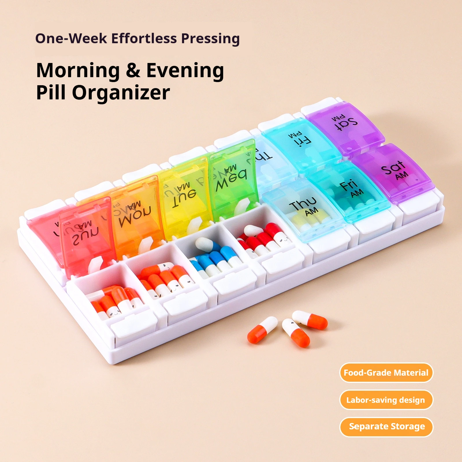 

Коробка-органайзер для таблеток, двухрядная портативная коробка для таблеток большой емкости с ячейком 14-21 со съемной кнопкой, распределение лекарств