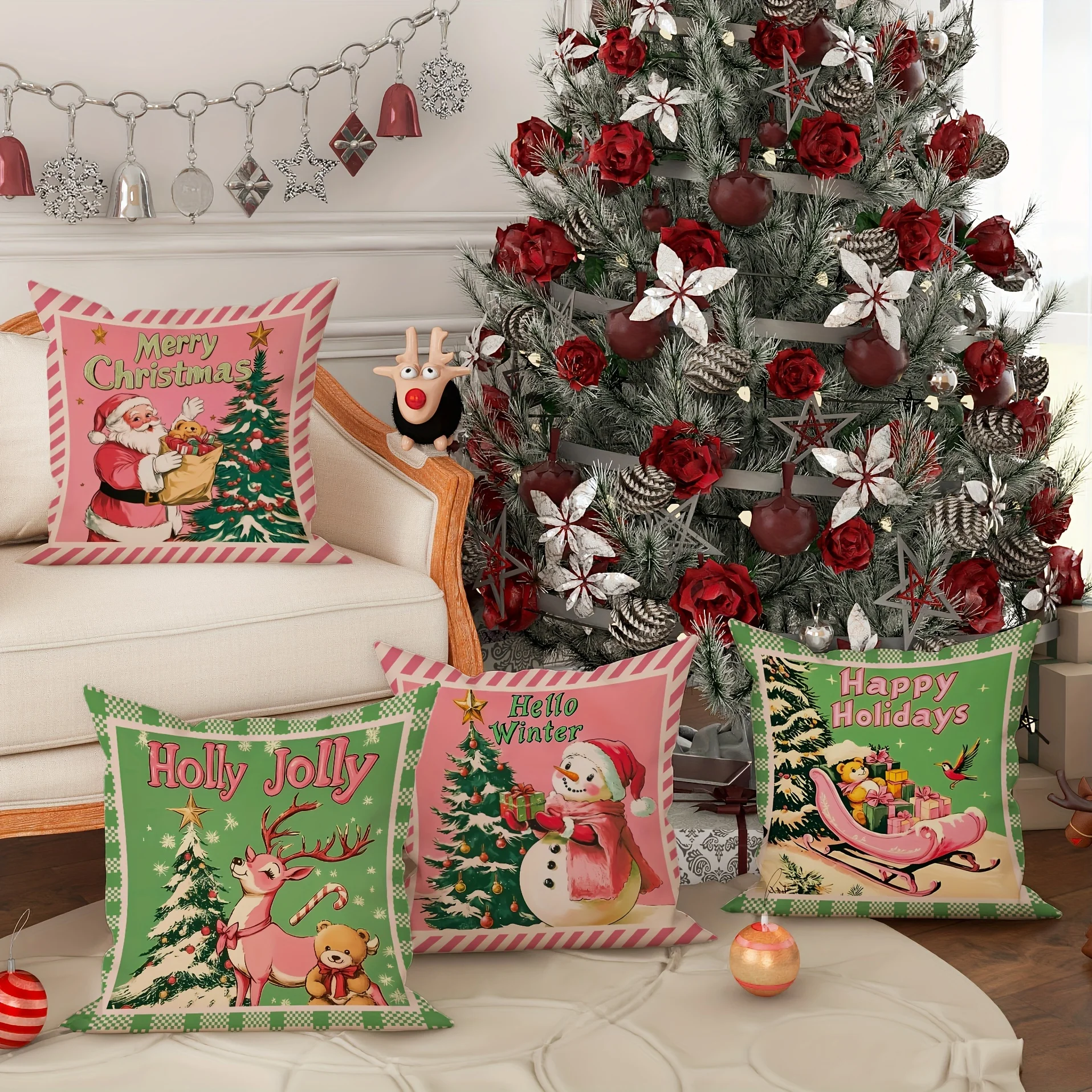 4pcs Christmas Velvet Throw Pillow Covers Santa Snowman Deer Holiday Designs Soft Pink Green 18x18 Inch