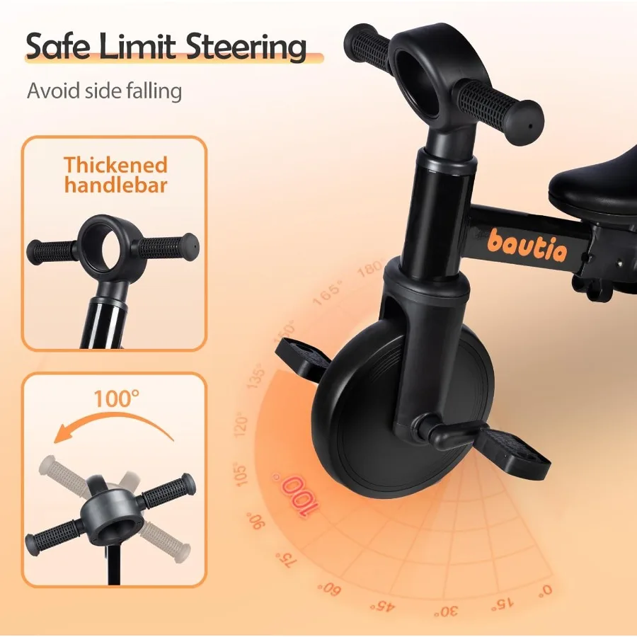 Tricycle for Toddlers 1-3 with Push Handle 5 in 1 Baby Balance Bike for 1-4 Years Old Toy Boys Girls Bicycle Gift with Removabl