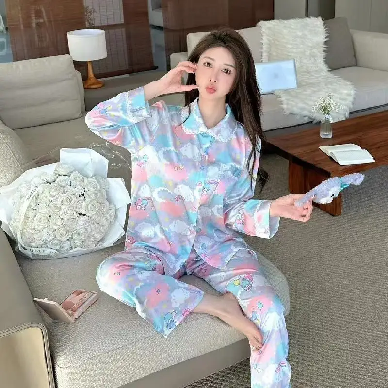 

Sanrio Girl сексуальный пижамный костюм из ледяного шелка с лацканами Kawaii Littletwinstars аниме модная весенне-летняя одежда с длинными рукавами для отдыха