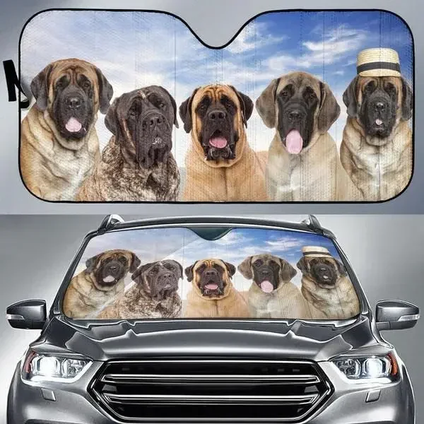 Funny English Mastiff Family Car Sunshade, English Mastiff Front Window Sun Cover for Dog Lover, Car Windshield Durable Visor fo