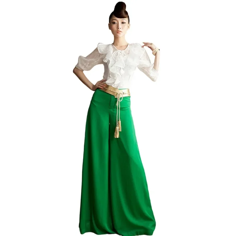 Custom Made Women Green Color High Waist Wide Leg Pants Chiffon Pants Full Lenght Thin  Female Casual  Trousers Plus Size