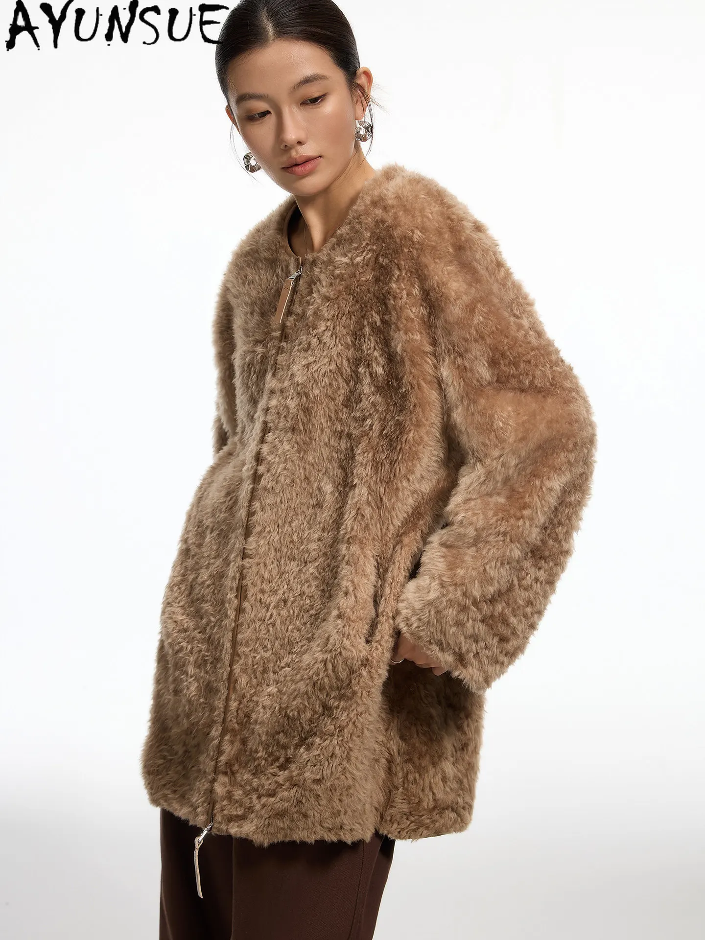 AYUNSUE Natural Sheepskin Fur Coat Women Real Leather Jacket Warm Winter Clothes Mid-length Trench Coat Woman Пальто Женское
