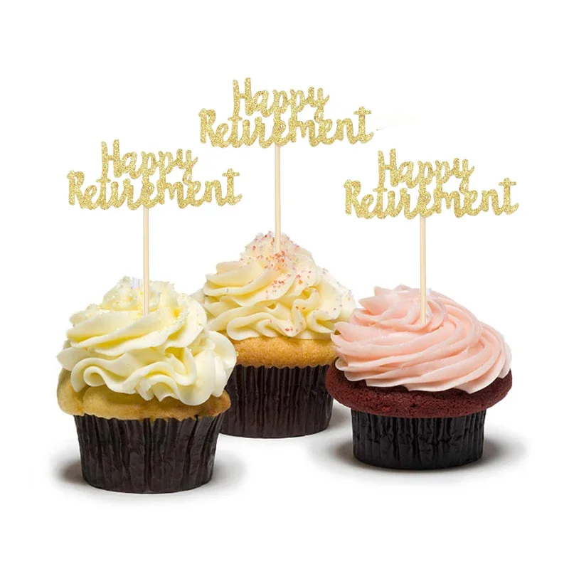 12Pcs Gold Glitter Happy Retirement Cupcake Toppers Retired Cake Picks for Retiree Pensioner Anniversary Party Supplies Decor