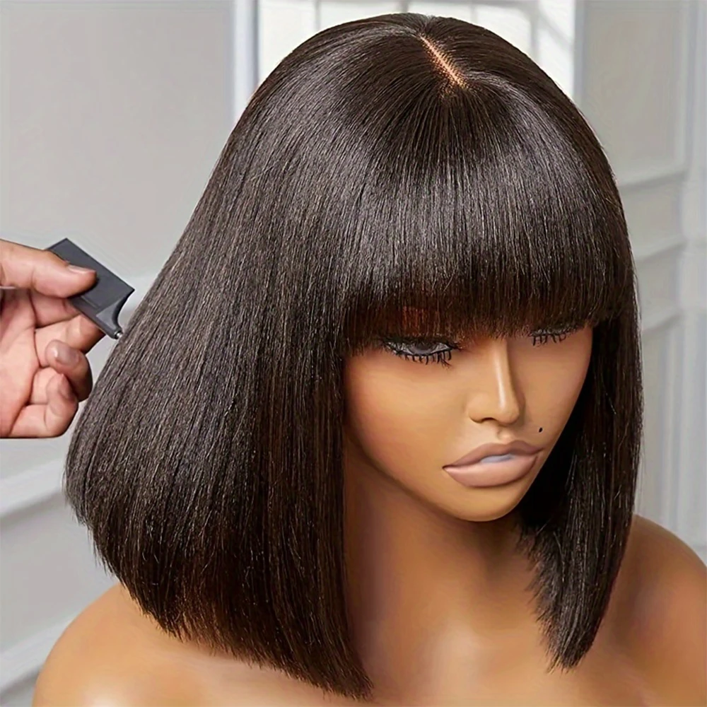 Cheap Short Bob Human Hair Wigs With Bangs Fringe Wig Straight 3X1 Lace Middle Part 100% Human Hair Wigs For Women Bob Wig