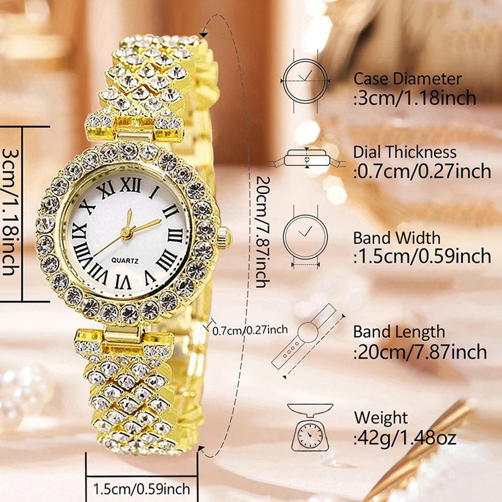 6PCS/SET Luxury Trendy Fashion Roman Digital Scale Quartz Watch Bracelet Necklace Earrings Set Perfect Gift for Friends or Moms image 4