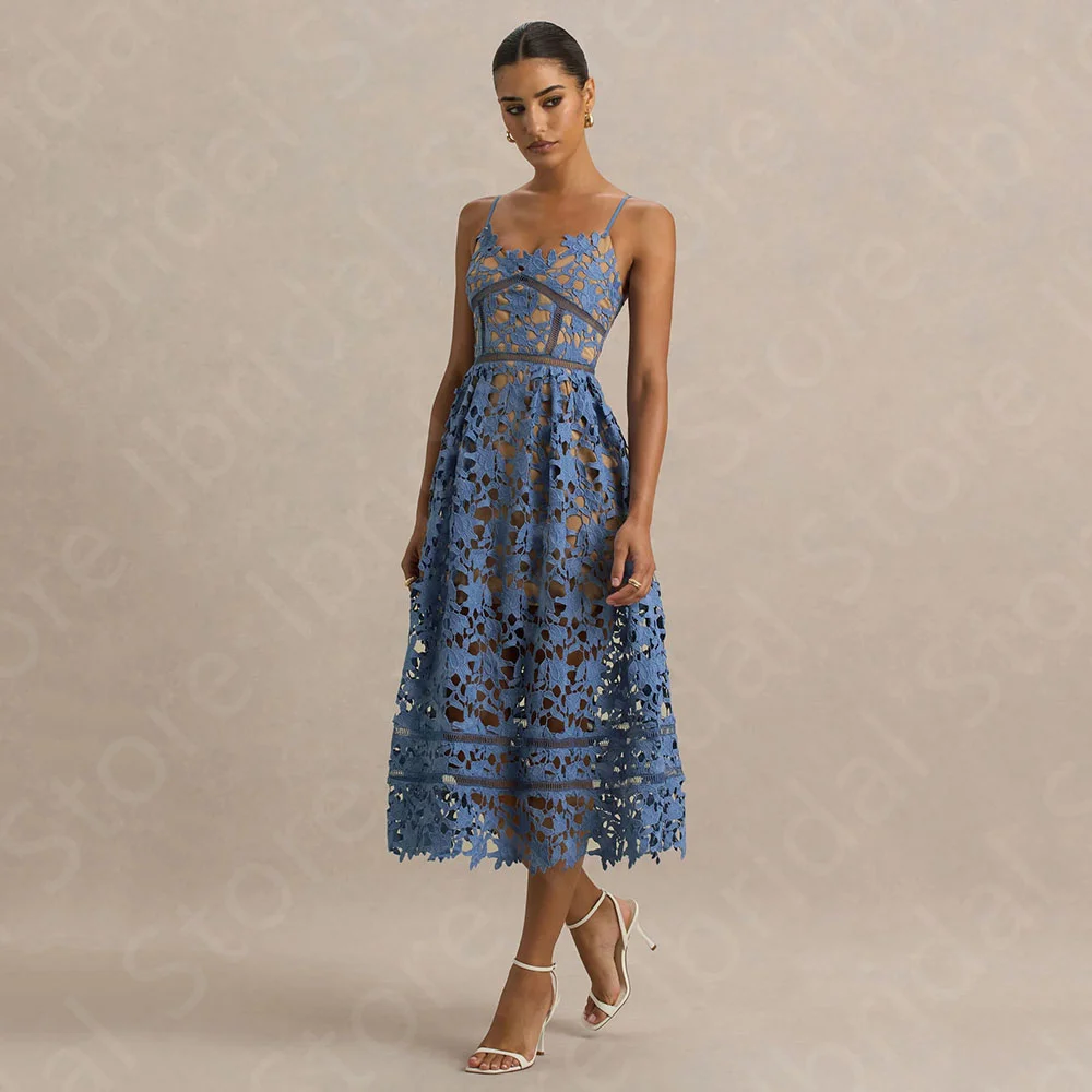 

Customized Exquisite Blue Prom Gowns Contrast Color Prom Party Dresses Lace Tea Length Wedding Guest Gowns Short Back Out