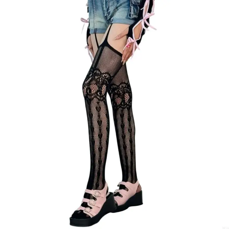 W0YA Women Hollowed Fishnet Garter Belt Pantyhose Subculture Punk Heart Patterned Sheer Thigh High Stockings Suspender Tights