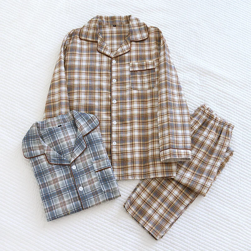 2024 Spring Autumn Men Casual Plaid Pajama Sets Male 100% Cotton Sleepwear Suit Long Sleeve Turn-down Collar Shirt & Pants