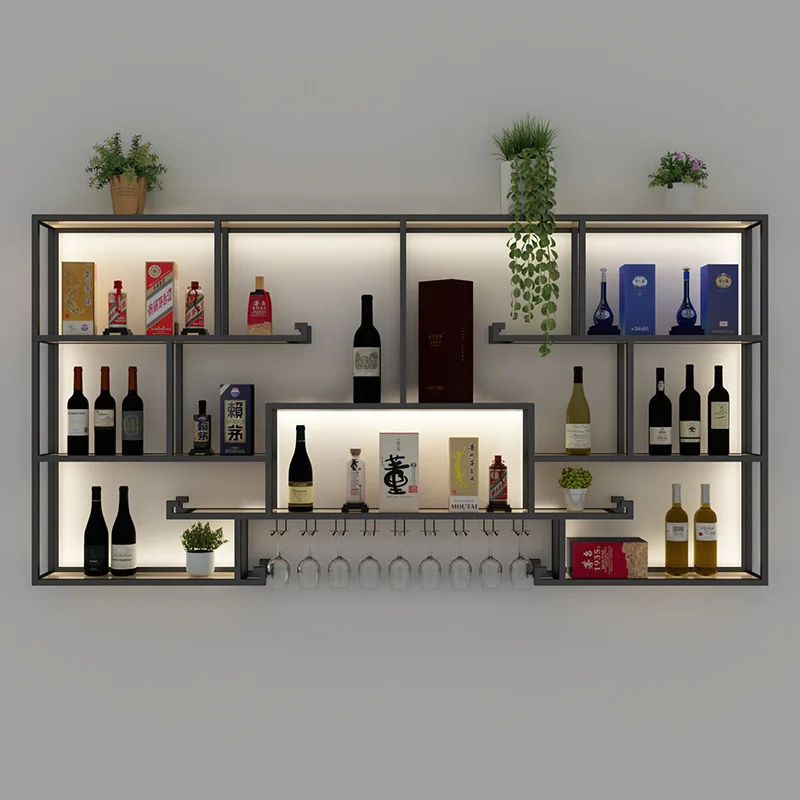 Chinese bar wine rack wall-mounted wine cabinet bar luminous wrought iron wine rack restaurant wall display rack