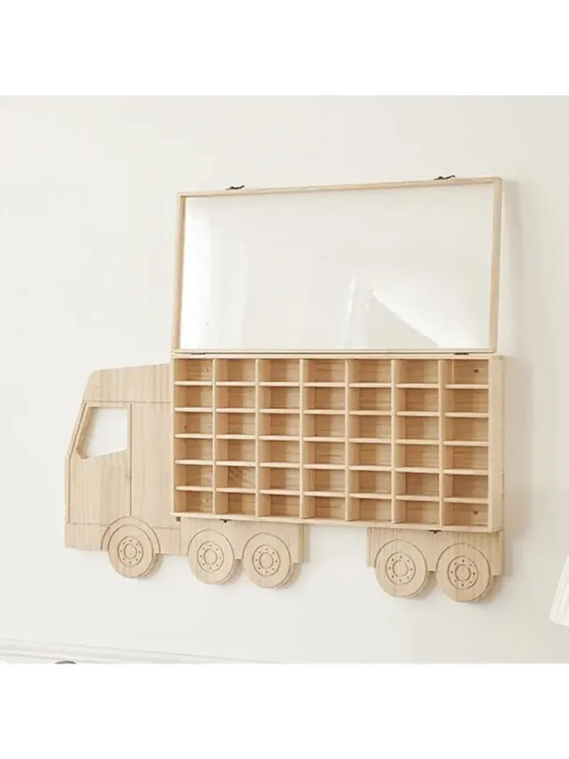 Wood Toy Car Display Rack Holds 42 Diecast Cars Model Display Case with Lid Wall-Mounted Storage Cabinet Organizer