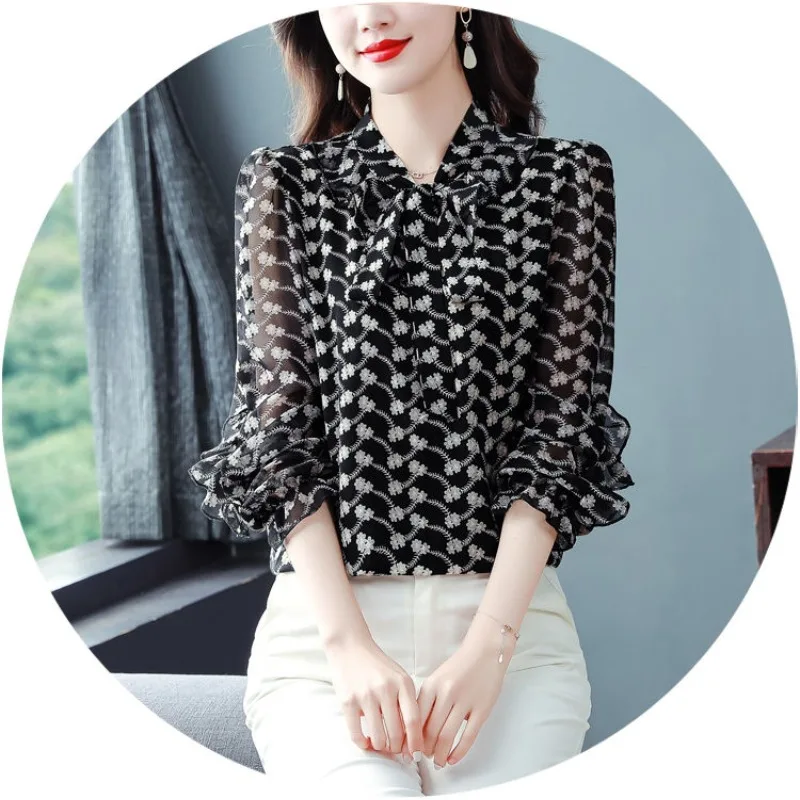 Spring Summer Women\'s Clothing Pullover Scarf Collar Houndstooth Chiffon Petal Long Sleeve T-Shirts Comfortable Beachy Tops