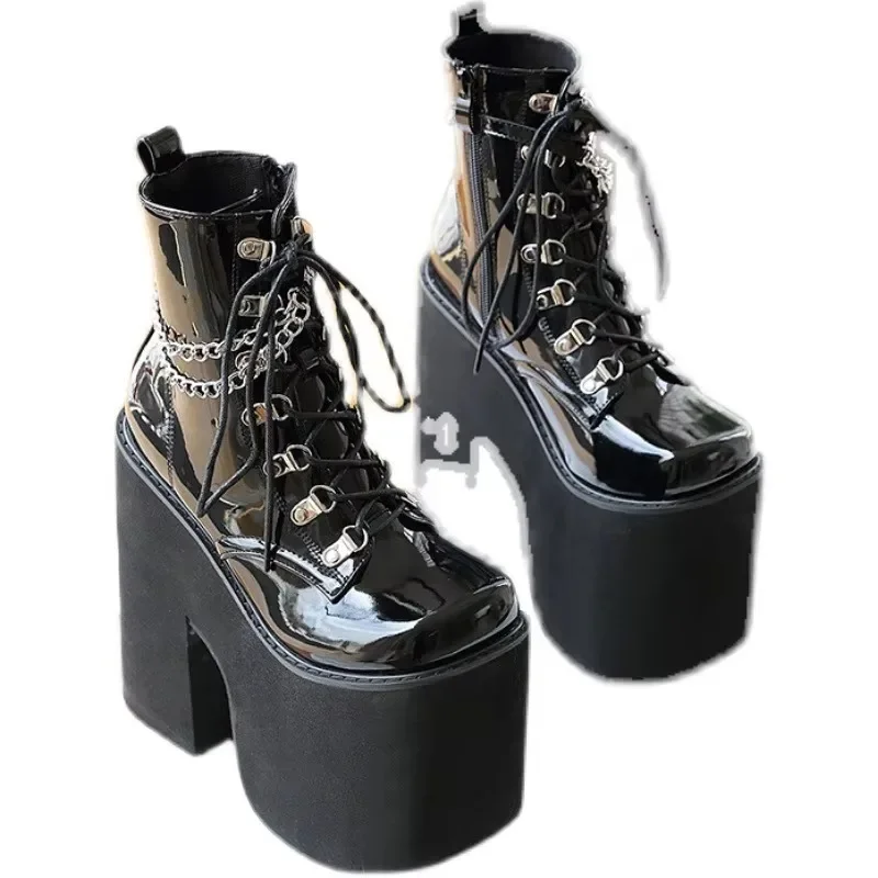 Botas de plataforma para mulheres goth moda meados de bezerro botas rendas até 17cm punk motocicleta grosso sapatos de salto alto inverno nova marca