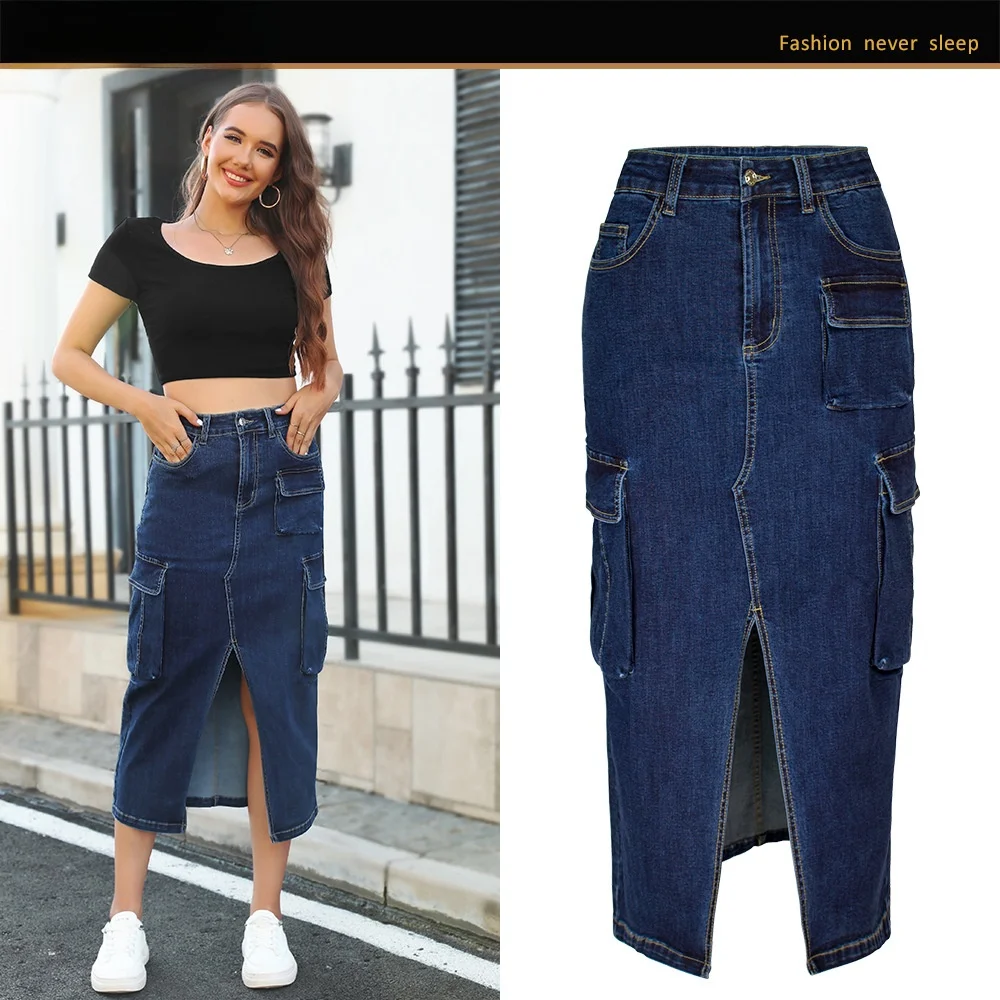 

High Waist Denim Dr Women's Autumn Faion f-length Slit Skirt Classic Blue Pure Color ket Design Other Material 00%
