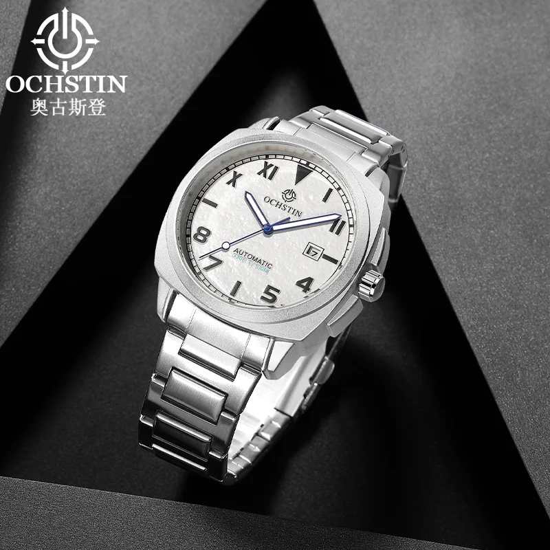 OCHSTIN Automatic Men Watch Cushion Case Date California Dial Military Style Male Business Dress Wristwatch Stainless Steel Band