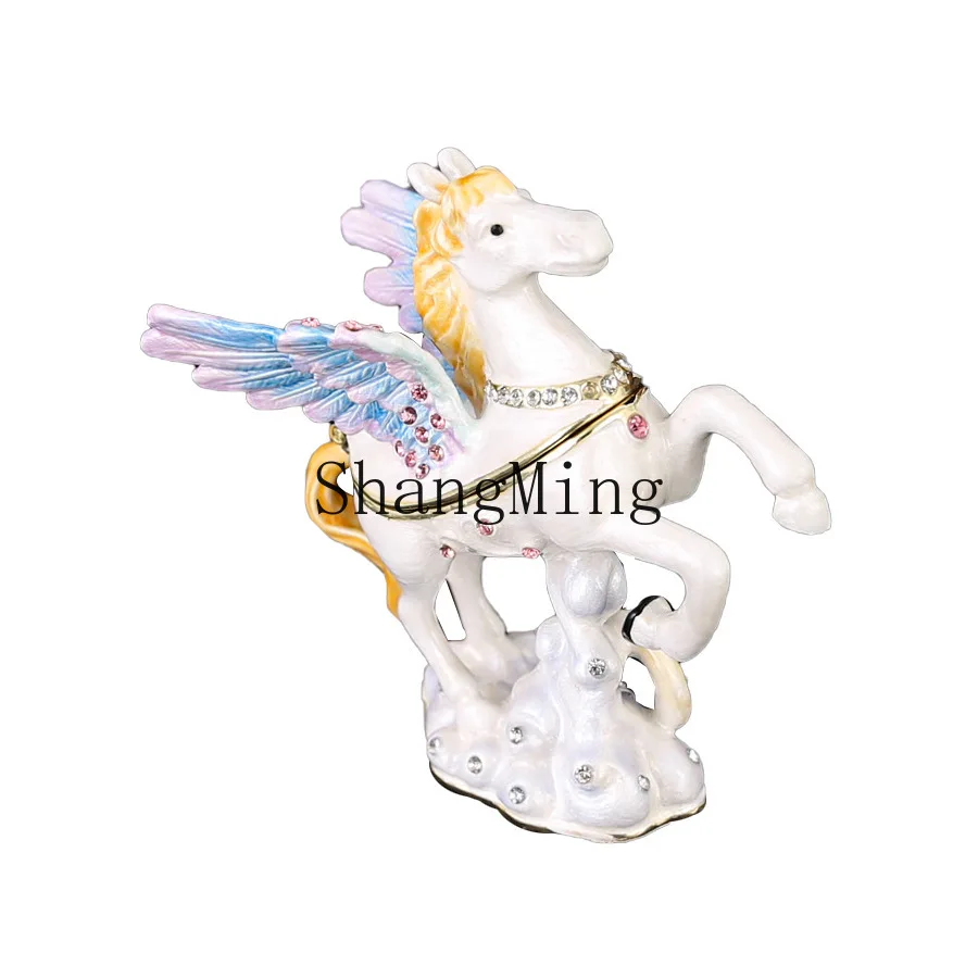 

PYH Enamel Color Cartoon Pegasus Jewelry Box Metal Jewelry Home Ornaments Flap Dust Ring Stud Earrings Storage Box