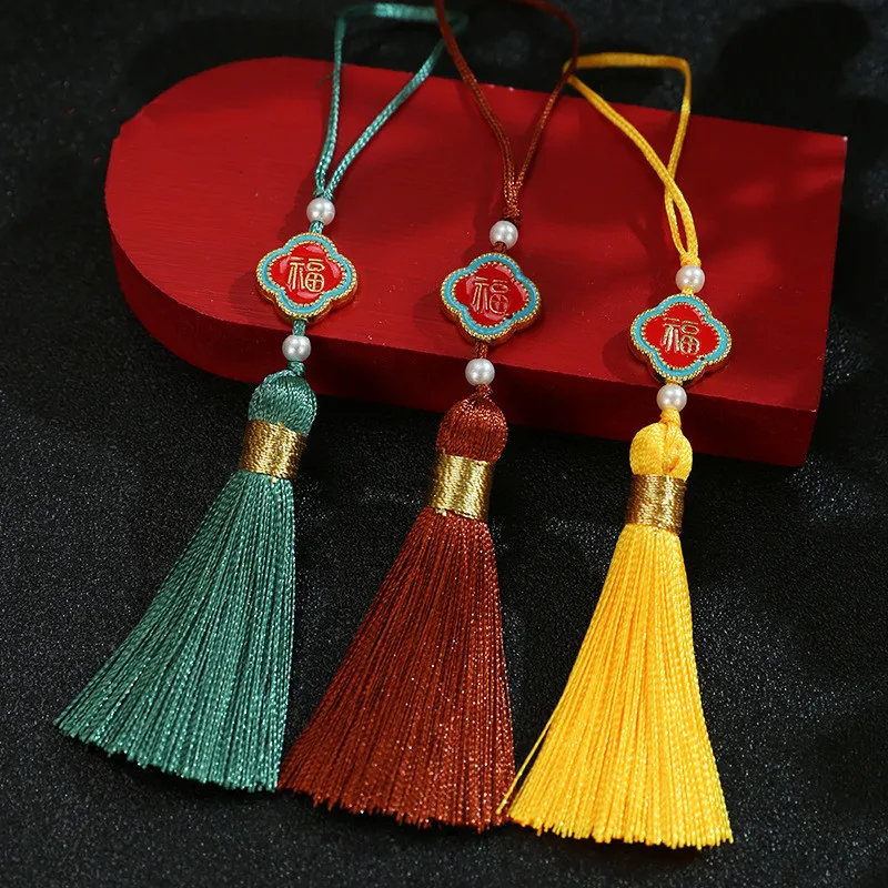 5pcs/Lot 6cm Gold Wire Wrapped Four Leaf Grass Lucky Character Tassel Ancient Style Hanfu Pendant DIY Jewelry Accessories