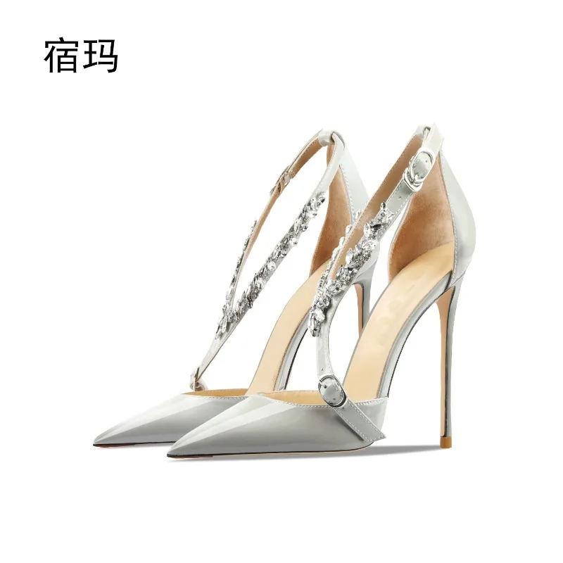 

Rhinestone gray high-heeled sandals spring new thin heel shallow mouth pointed comfortable versatile single shoes