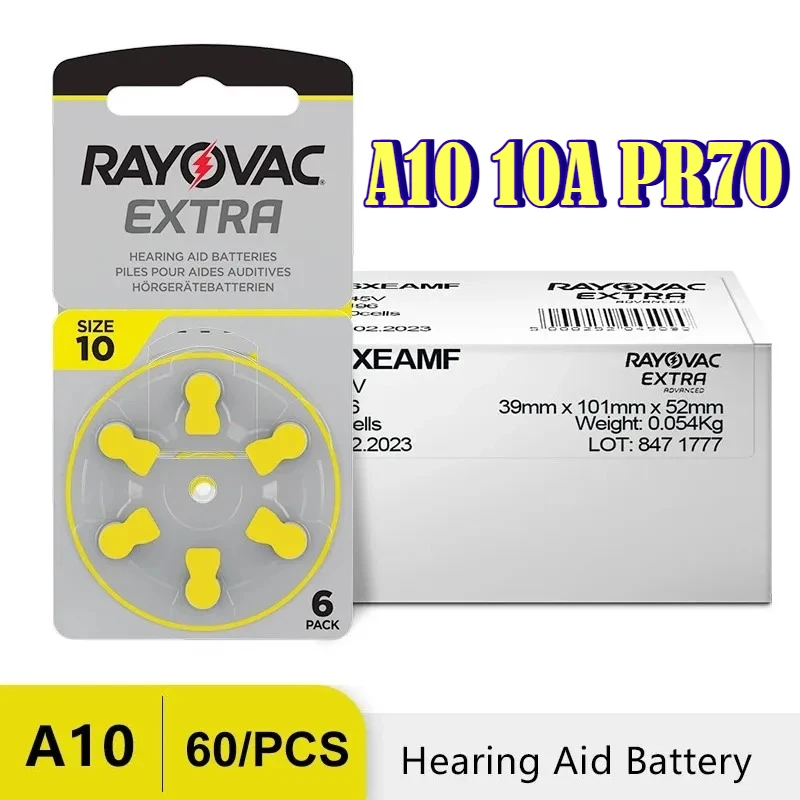 

RAYOVAC EXTRA Zinc Air Hearing Aid Battery 60PCS Performance Hearing Aid Batteries A10 10A 10 PR70 Hearing Aid Battery A10
