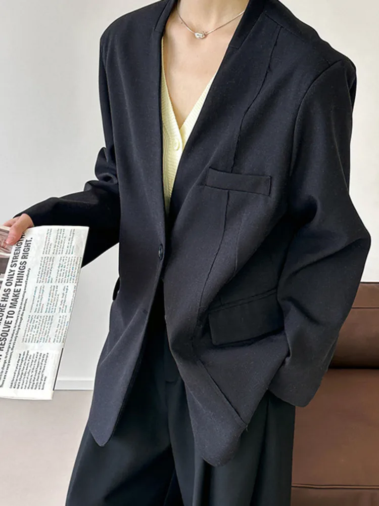 ZMEENNA Blazer léger à col en v pour femme ouvert sur le devant décontracté couleur unie mélange de lin vêtements d'extérieur avec poches pour l'automne ZM3801