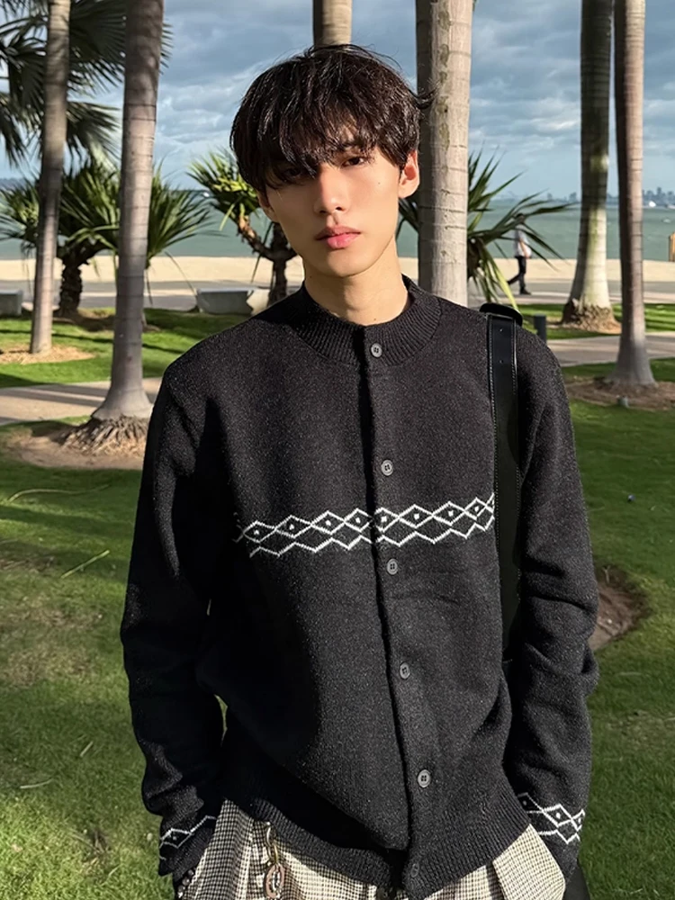 

Вязаный открытый кардиган с ромбовидным узором в стиле ретро, мужской облегающий свитер с овальными плечами, мягкий длинный свек, круглый Ne