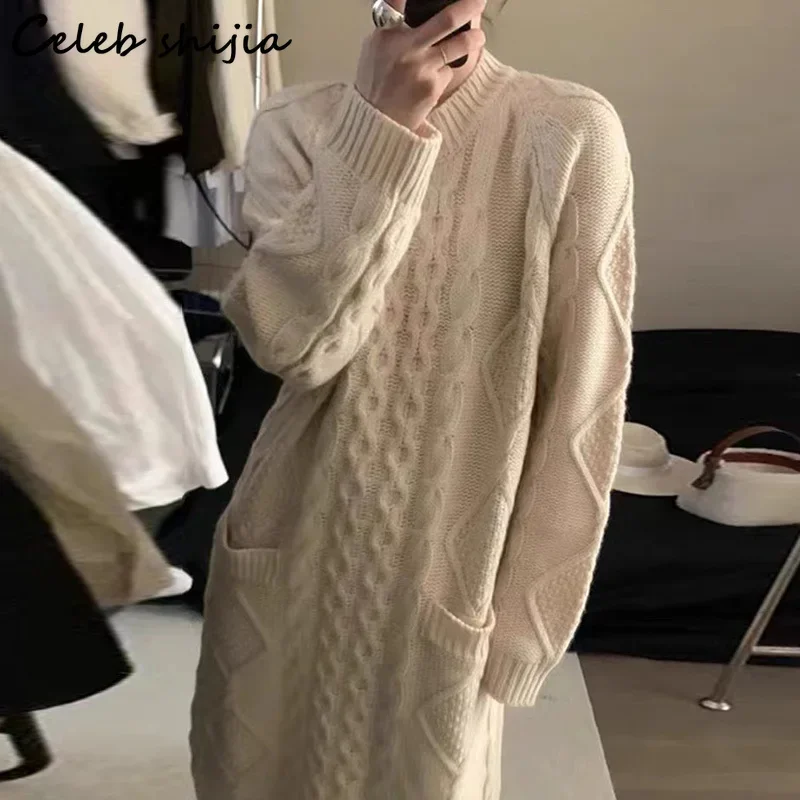 Apricot Long Knitted Dress Women Autumn Winter Thicken Twist Sweater Dresses Female Full-sleeve Streetwear Knit Clothing